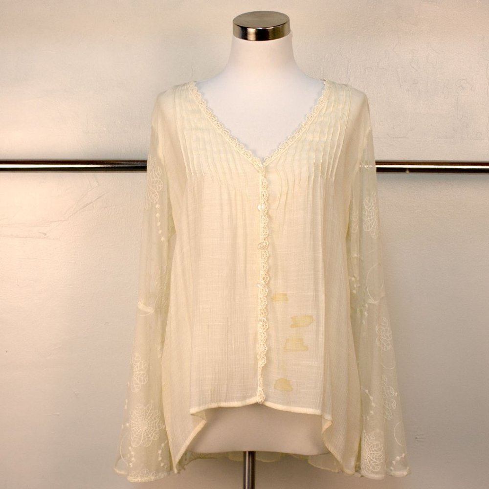 Trumpet Sleeve Flowy Lace Button Up Blouse